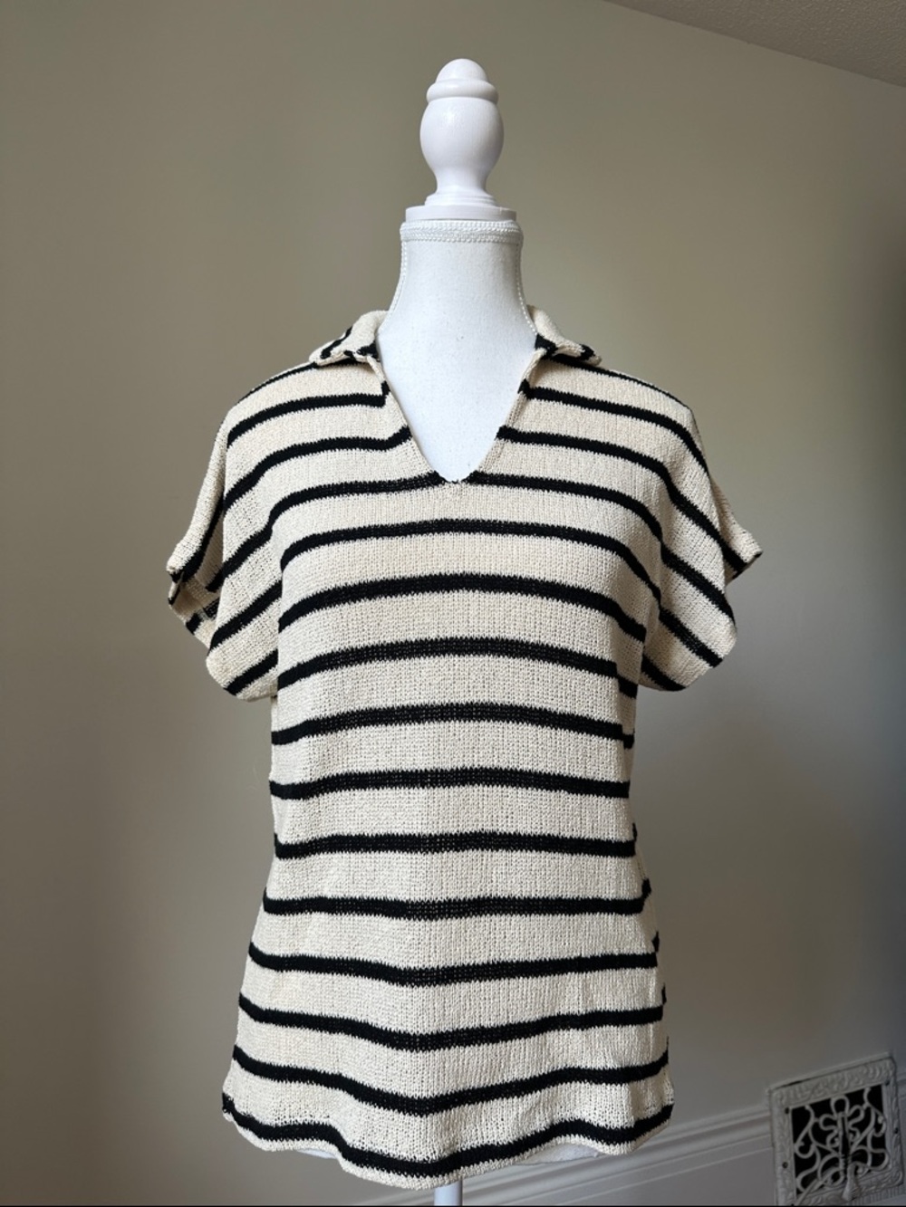 SOYACONCEPT Cotton Blend Knit Striped Beachy Collared Short Sleeve Size XSmall